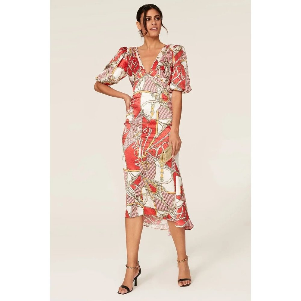 Ronny Kobo Teresa 100% Silk Chain Print Midi Dress Size S